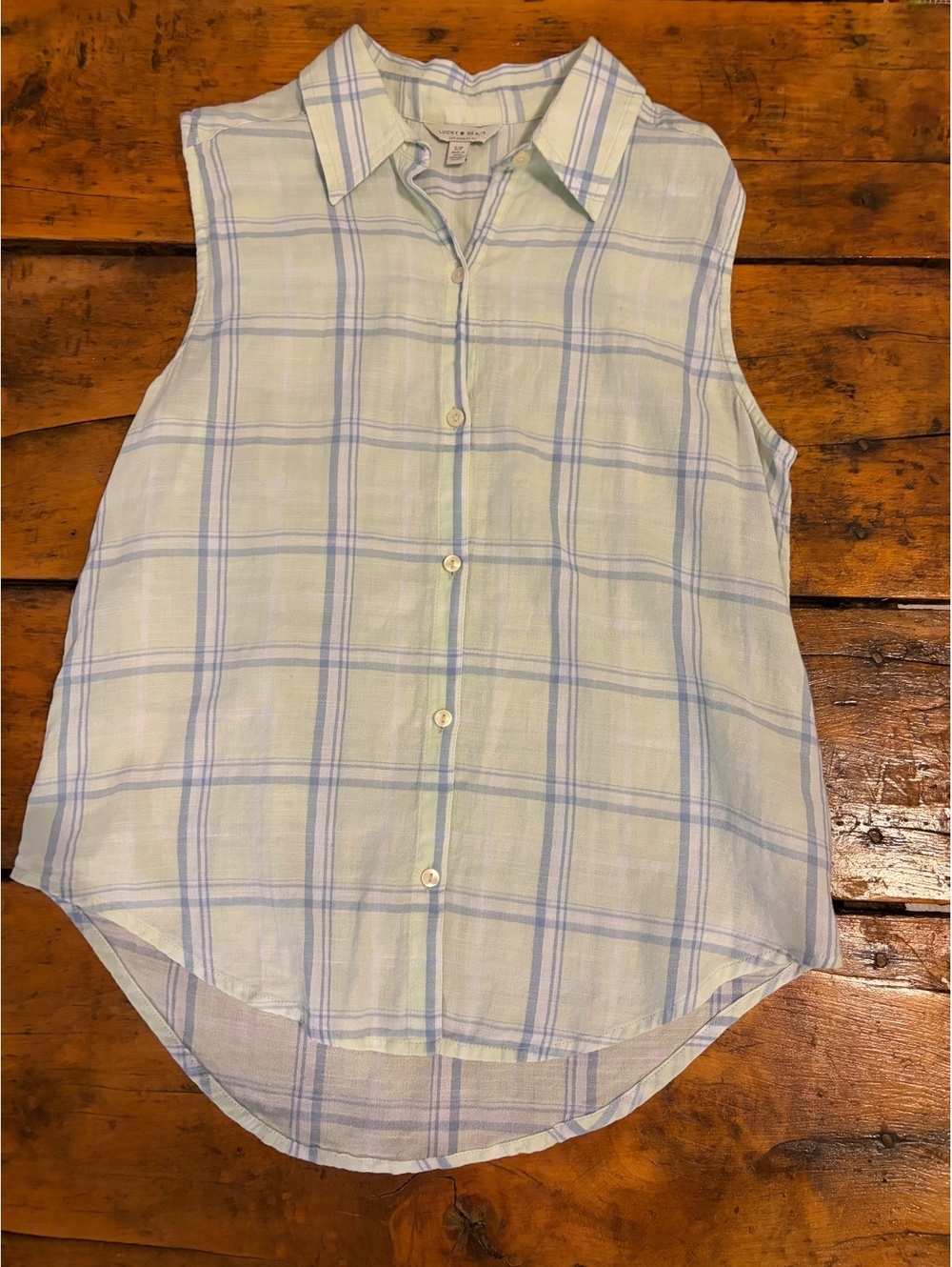 Lucky Brand Green Blue Plaid Sleeveless Button Up Collar Shirt Size Small
